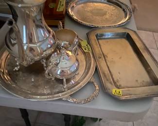 Silverplated tea service with tray also 12” engraved tray