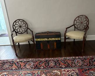 Antique web back Adam’s style chairs with silk seats (4 available) and antique trunk 