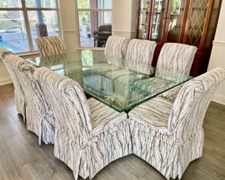 Etched Glass Flowers Table Top with Eight Fabric Chairs All in Pristine Condition $1,800.00 