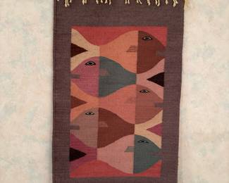 MCM Hand Woven Zapotec Fish Tapestry Mexican Area Rug (Zapotec Indians Oaxaca, Mexico)