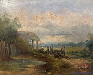 1860's Oil on Board Post Civil War Era Farm Landscape Scene with Cannon & Emancipated Slaves (Framed by J.H. Miller Company Massachusetts)