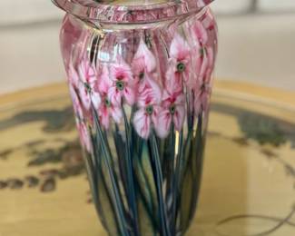 LOTTON Tall Floral Art Glass Vase by JOHN LOTTON 1995