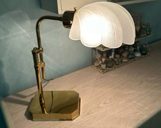 Vintage Pharmacy Style Brass Table Lamp with Glass Shell Shade