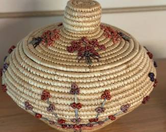 1970’s Alaskan Coiled Grass Split Weave Lidded Basket with Floral Decoration