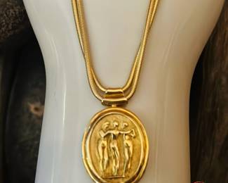 Custom Made 14KT GOLD "Three Graces" Wax Seal Pendant on 14KT GOLD Double Strand Snake Chain Necklace