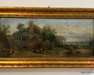 1860's Oil on Board Post Civil War Era Farm Landscape Scene with Cannon & Emancipated Slaves (Framed by J.H. Miller Company Massachusetts)
