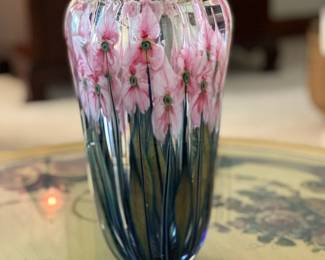 LOTTON Tall Floral Art Glass Vase by JOHN LOTTON 1995