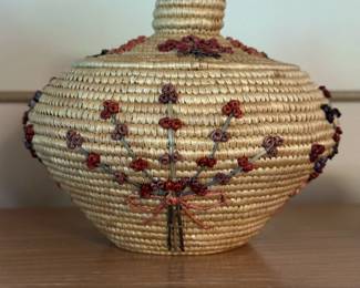 1970’s Alaskan Coiled Grass Split Weave Lidded Basket with Floral Decoration