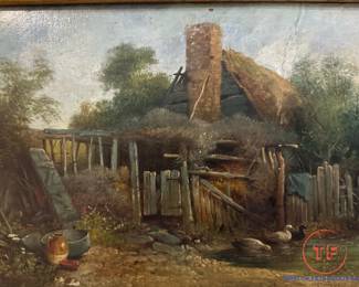 1860's Oil on Board Post Civil War Era Farm Landscape Scene with Cannon & Emancipated Slaves (Framed by J.H. Miller Company Massachusetts)