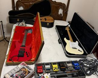 Fender Stratocaster Electric Guitar, Gibson Wayne Charvel Ferrari Red guitar, Alvarez, BCB-6 Boss Pedalboard