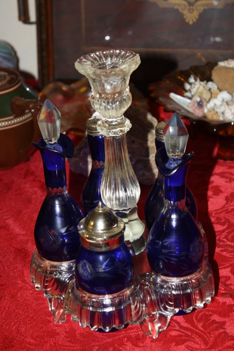 Beautiful and Rare Cobalt Blue Cut Glass Cruet set