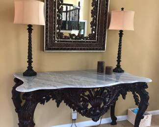 BUY IT ALL MARBLE TOP TABLE, PAIR OF LAMPS AND MIRROR