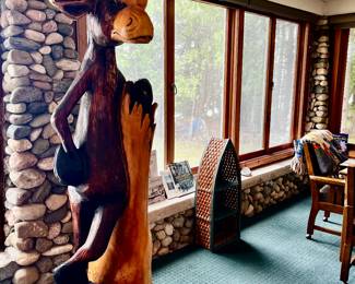 LARGE STANDING WOOD MOOSE TREE CARVING 