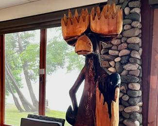LARGE STANDING WOOD MOOSE TREE CARVING 