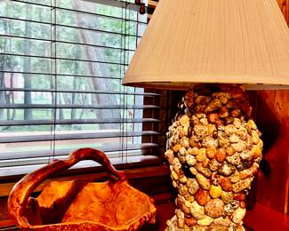 HEAVY STONE LAMP, BURLED WOOD BOWL WITH HANDLE