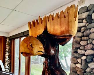 LARGE STANDING WOOD MOOSE TREE CARVING 