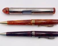 Visconti Voyager Kaleido Yellow Dawn & Red Marble Ballpoint Pens With Visconti Amber Celluloid Inkwell
