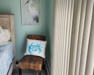 Avian art; accent chair; vertical blinds