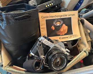Vintage canon AE-1 camera case and lenses 
