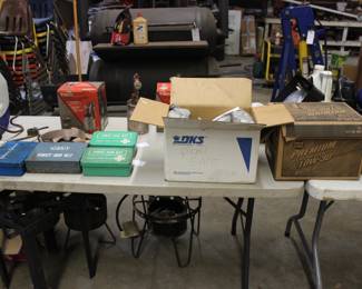 FIRST AID KITS, 3 PROPANE COOKERS UNDER TABLE