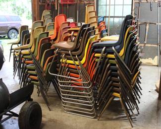 100+ ASSORTED FIBERGLASS STACKABLE CAFETERIA CHAIRS