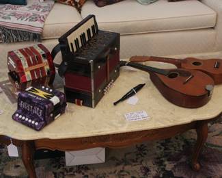  MUSICAL INSTRUMENTS, VINTAGE BARCLAY UKULELE ,VINTAGE MARTIN 1963 STYLE A MANDOLIN, VINTAGE GERMAN SUPERTONE PIANO ACCORDION, HOHNER CONCERTINA 20 KEYS WITH BOX AND MANUEL