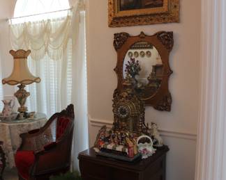 1890'S NEW HOME SEWING MACHINE CABINET WITH VINTAGE IMPERIAL BRASS MANTLE CLOCK