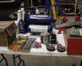 AIR COMPRESSOR, JACK STANDS, TOOL BOX, AND ASSORTED ITEMS