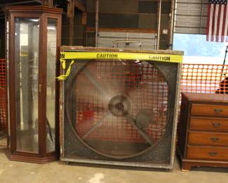 LARGE BOX FAN, CAN'T BE PICKED UP UNTIL THE SALE CLOSES ON SATURDAY. CURIO CABINET