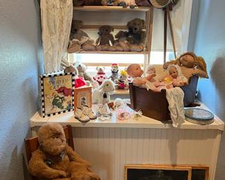 Collection of antique dolls, stuffed animals, toys and furniture