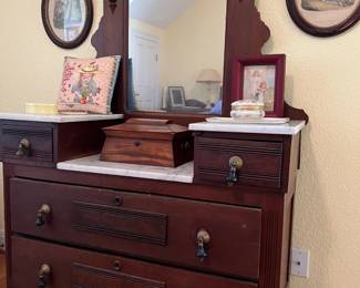 Antique Carved Wooden Dresser with Marble Drop-down Top and Attached Mirror - $200
