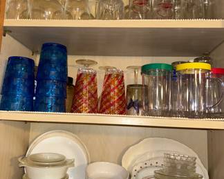Wine glasses, water goblets, lots of tumblers and individual covered casserole dishes. 
