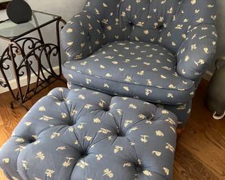 Upholstered and tufted roll arm chair with ottoman - wooden feet from Persnickety. Chair is 33.5" H x 35"W. Ottoman is 20" x 29".