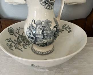 Claremont and Clemonsen blue and white ironstone transferware pitcher with wash basin
