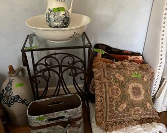 Washbowl & Basin, Iron table w/ Glass top, Pillows & Throws, Earthenware jug, basket