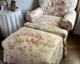 Brandywine Design Furniture Upholstered Chair w. Ottoman. Custom crafted with fabric from Calico Corners. Chair is 36"H x 38"W x 36"D. Note gathers on corners!