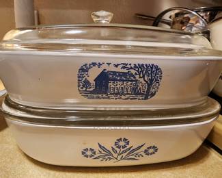 Corning Browning Skillet made exclusively for Amana,  Vintage Corning Ware Blue Cornflower - both with proper lids