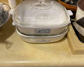 Corning Browning Skillet made exclusively for Amana,  Vintage Corning Ware Blue Cornflower - both with proper lids