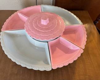 quintessential mid-century lazy-Susan serving tray with covered center bowl 