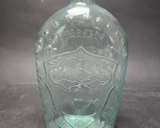 	Historical Flask Clasped Hands With The Word Union Over Them And Shield Blue Green Mid 1800's 