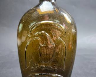 Double Eagle Amber Glass Pint Flask - Granite Glass Company - Stoddard NH - Rough Pontil 8 In. Perfect Lip 