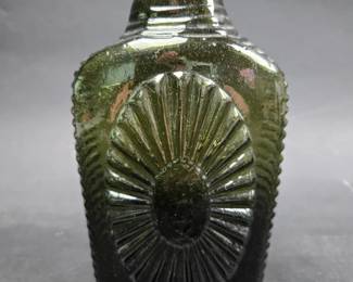 	Olive Green Starburst Bottle - 7.5 Inches Tall - Embossed Keen And PW- Keene-Marlboro-Street Glassworks, NH 