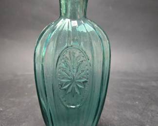 Sunburst Historical Flask , Blue Green 3/4th Pint , Plain Mouth, Rough Pontil, 1830-1850 7in 