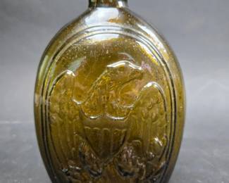 	American Eagle Cornucopia Flask - Amber - Rough Pontil- Probably Keen, NH 1820-1850 About 7 Inches 