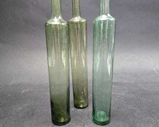 	Three Antique Blown And Molded Green Glass Bottles - 9 Inches To 10 Inches