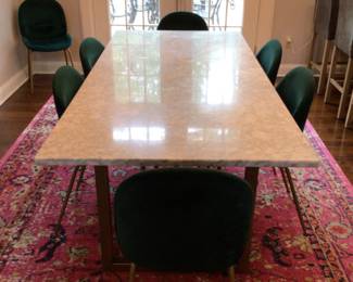 Metal & carrera marble dining room table with 8 chairs, 86 1/2” x 39 1/2”.  Rug not for sale