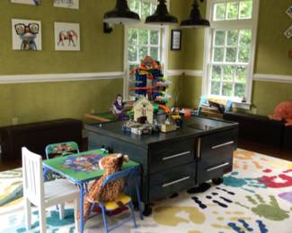 Wooden custom made toy chest, rug & toys