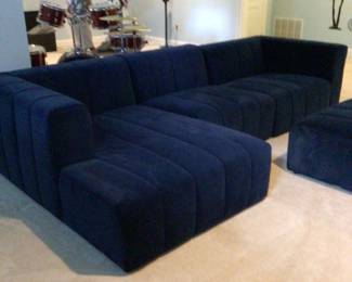 Blue 3pc. Sectional with ottoman, 10’ x 34”