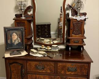 Vintage dresser and frame, vanity set, matching vintage lamps