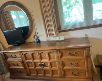 Drexel MCM 9 drawer long dresser, 22 inch Toshiba LCD TV, and vintage Honeywell Weather Station
